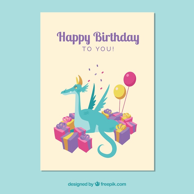 Carte D Anniversaire Avec Dragon Et Cadeaux Dans Un Style Plat Vecteur Gratuite