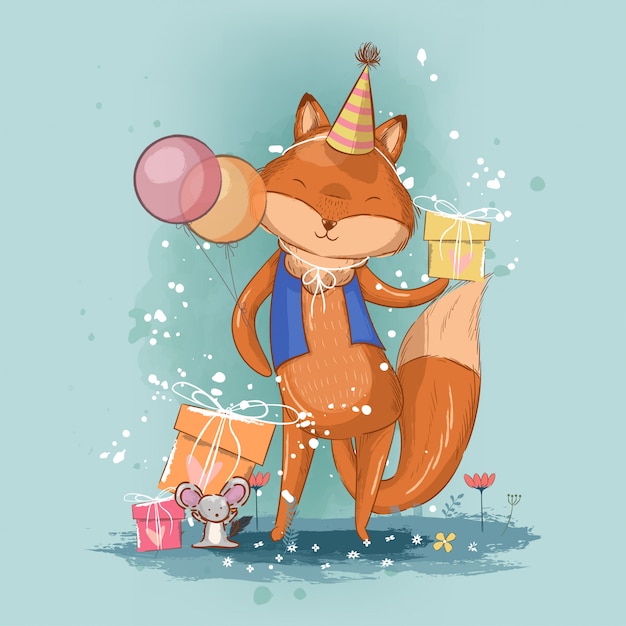 Carte D Anniversaire Avec Illustration De Renard Mignon Vecteur Premium