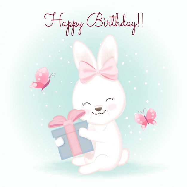 Carte D Anniversaire Avec Lapin Et Cadeau Illustration Aquarelle De Dessin Anime Dessine A La Main Vecteur Premium