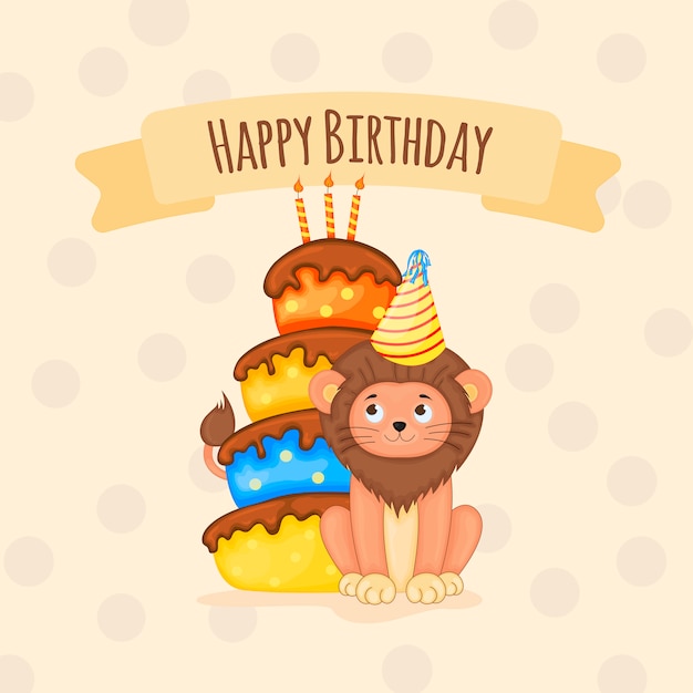 Carte D Anniversaire Avec Lionceau Mignon Style De Bande Dessinee Illustration Vectorielle Vecteur Premium