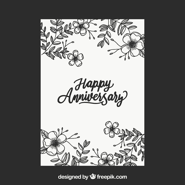 Carte D Anniversaire De Mariage Avec Des Fleurs Dans Un Style Dessine A La Main Vecteur Gratuite