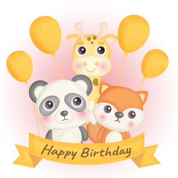 Carte D Anniversaire Avec Mignon Renard Panda Et Girafe Vecteur Premium