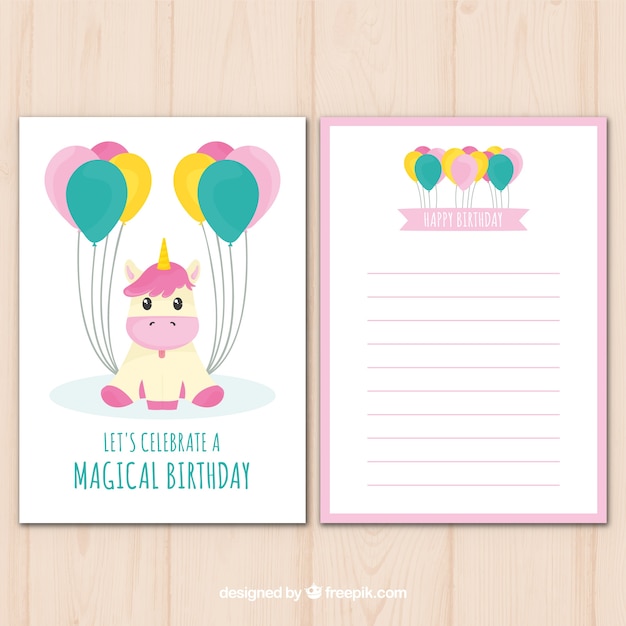 Carte D Anniversaire Mignonne Avec Licorne Et Ballons Vecteur Premium