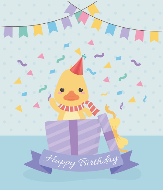 Carte D Anniversaire Avec Petit Personnage De Canard Vecteur Premium