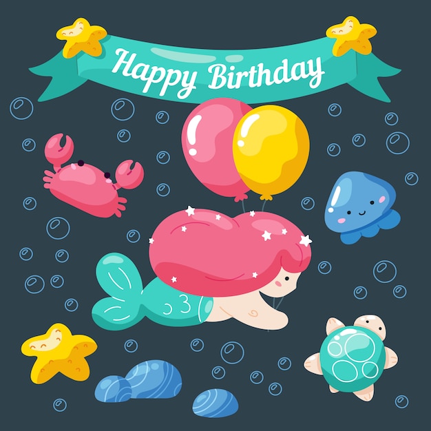 Carte D Anniversaire Pour Enfants Avec Jolie Petite Sirene Et Vie Marine Vecteur Premium