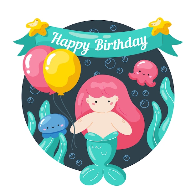 Vecteur Premium Carte D Anniversaire Pour Enfants Avec Petite Sirene Et Vie Marine