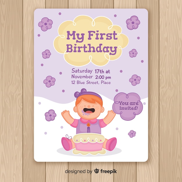 Carte D Anniversaire Premier Bebe Fille Dessine A La Main Vecteur Gratuite