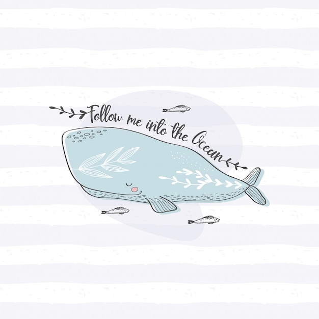 Carte de baleine dessinée à la main mignonne. animal océan dessiné à la main Vecteur Premium