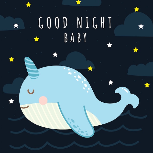 Carte De Bonne Nuit Mignonne De Bande Dessinee De Baleine Pour Bebe Vecteur Premium