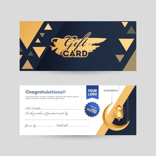 Carte-cadeau créative avec croissant de lune et lanterne devant et b Vecteur Premium