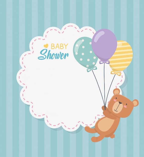 Carte De Dentelle De Douche De Bebe Avec Peluche Ours Et Ballons Helium Vecteur Gratuite