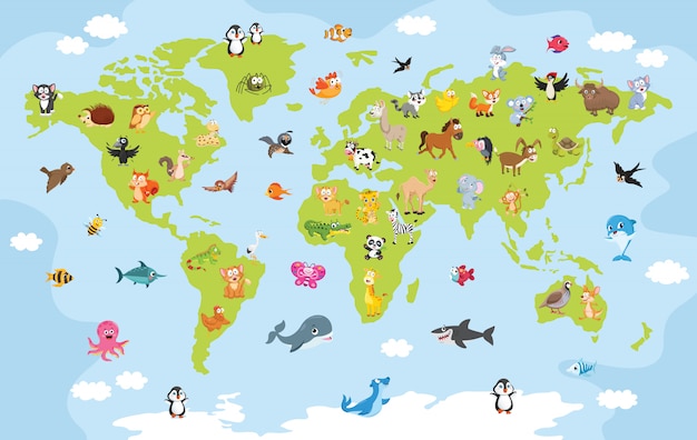 Carte Du Monde Avec Des Animaux De Dessin Anime Vecteur Premium