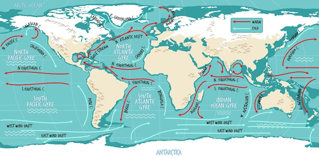 La Carte Du Monde Des Courants Océaniques Avec Des Noms Vecteur Gratuite