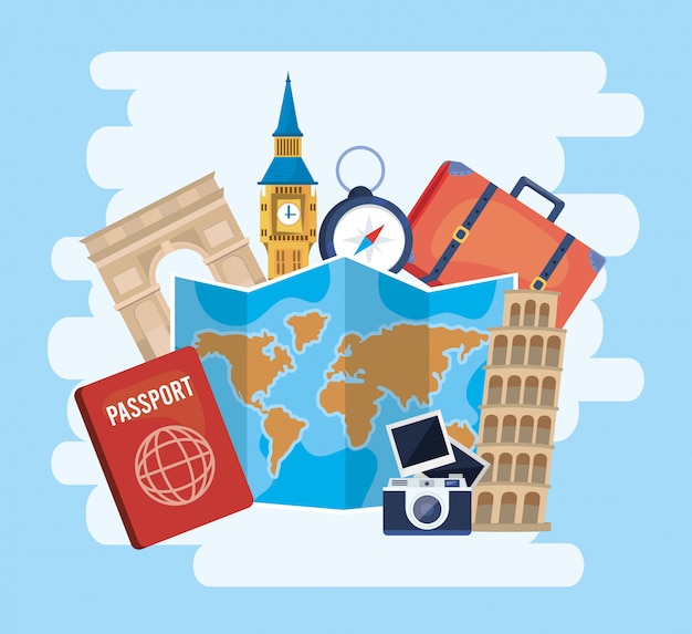 Carte Du Monde à Destination Avec Passeport Et Appareil Photo Avec Images Vecteur Premium