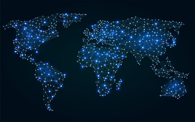 Carte du monde polygonale abstraite avec points chauds, connexions réseau Vecteur Premium