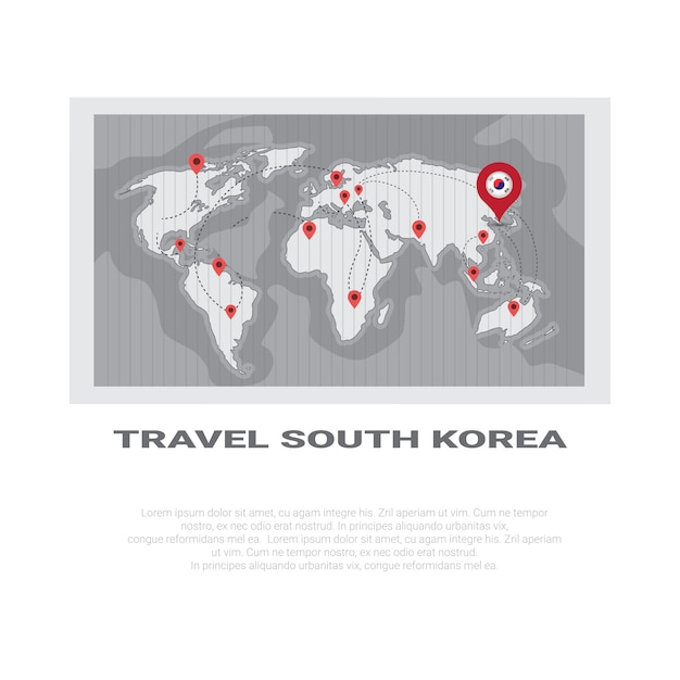 Carte du monde pour l'affiche de voyage en corée du sud Vecteur Premium