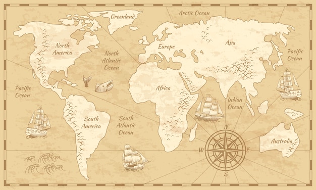 Carte Du Monde Vintage Carte En Papier De L Antiquite Du Monde Antique Avec Les Continents Ocean Mer Vieux Fond De Globe De Voile Vecteur Premium