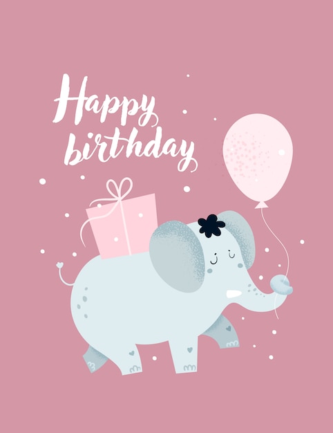 Carte Enfantin De Joyeux Anniversaire Affiche Avec Un Joli Bebe Elephant Et Des Coffrets Cadeaux Vecteur Premium
