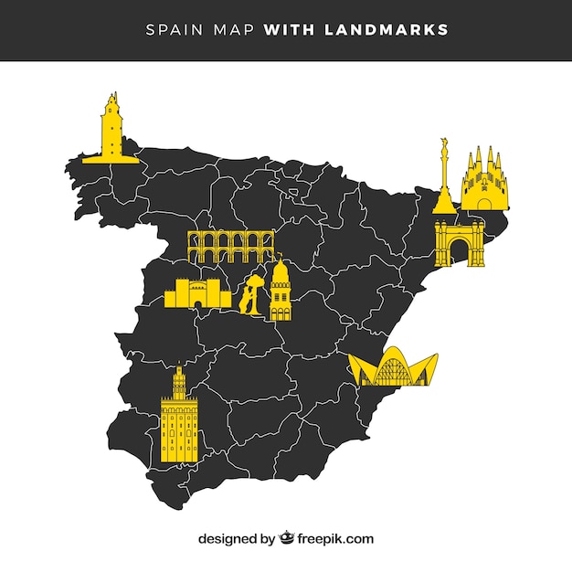 Carte De L Espagne Avec Des Monuments Vecteur Premium