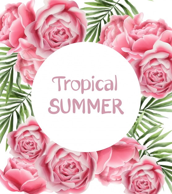 Carte D Ete Tropic Avec Des Fleurs Roses Vecteur Premium