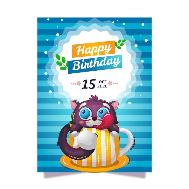 Carte De Felicitations Joyeux Anniversaire Avec Un Chat Vecteur Premium