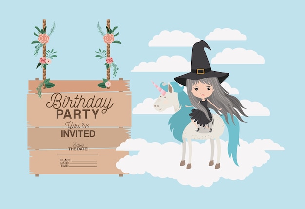 Carte De Fete D Anniversaire Invite Avec Licorne Et Sorciere Vecteur Premium