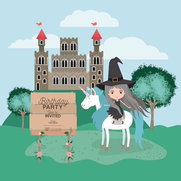 Carte De Fete D Anniversaire Invite Avec Licorne Et Sorciere Vecteur Premium