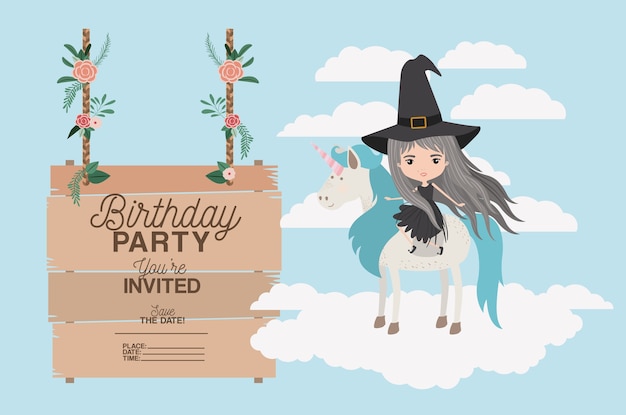 Carte De Fete D Anniversaire Invite Avec Licorne Et Sorciere Vecteur Premium