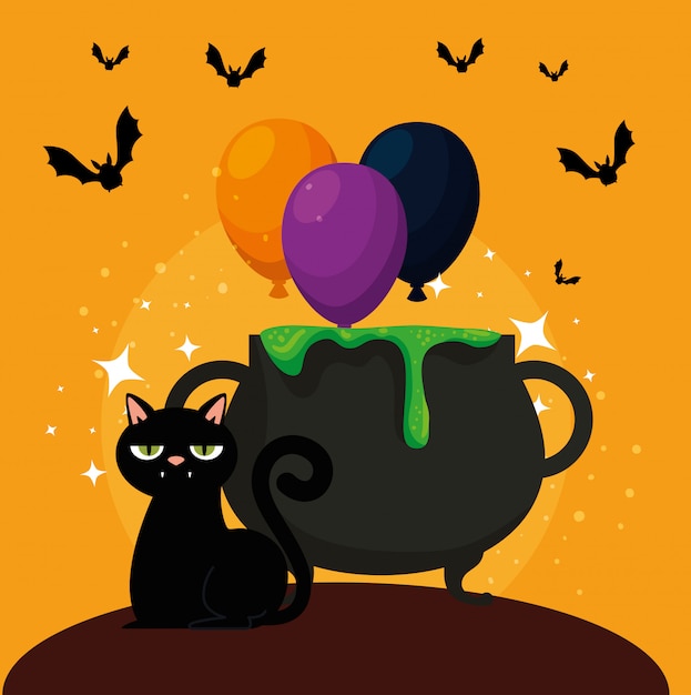 Carte D Halloween Avec Chaudron Et Chat Noir Vecteur Gratuite