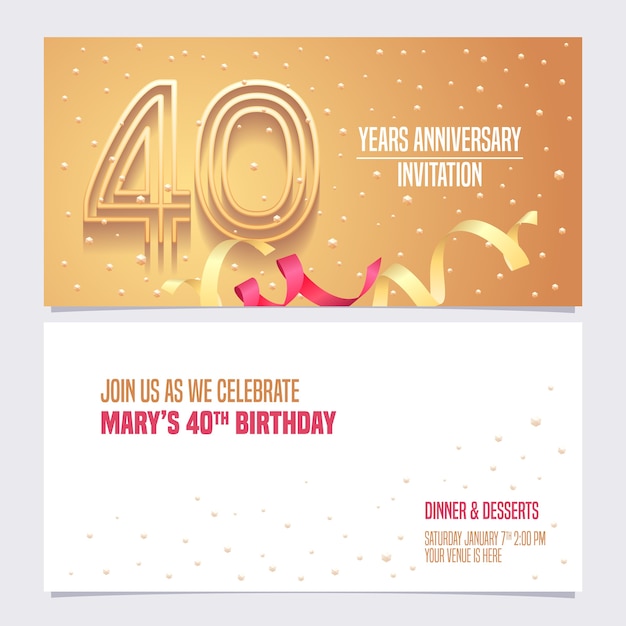 Carte D Invitation Anniversaire 40 Ans Vecteur Premium