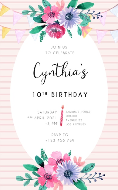 Carte D Invitation D Anniversaire Avec Element Floral Rose Et Fond De Rayures Vecteur Premium