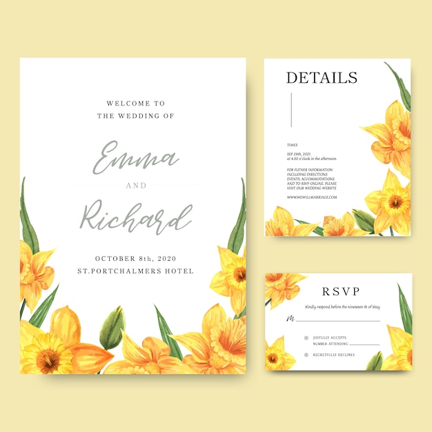 Carte d'invitation de bouquets d'aquarelle de fleurs de jonquille, faites gagner la date, cartes d'invitation de mariage. Vecteur gratuit