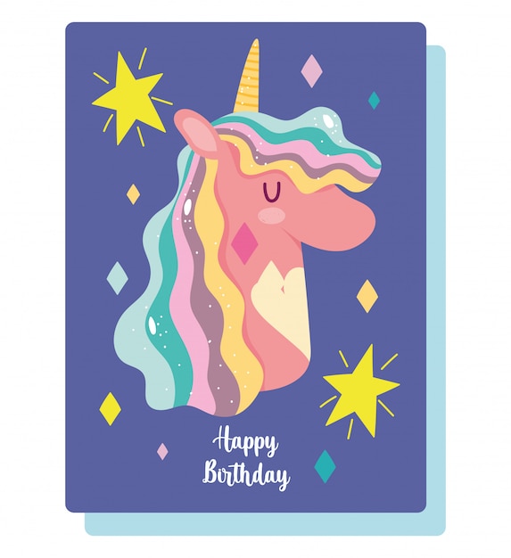 Carte D Invitation De Dessin Anime De Licorne Joyeux Anniversaire Etoiles Decoration Arc En Ciel Vecteur Premium