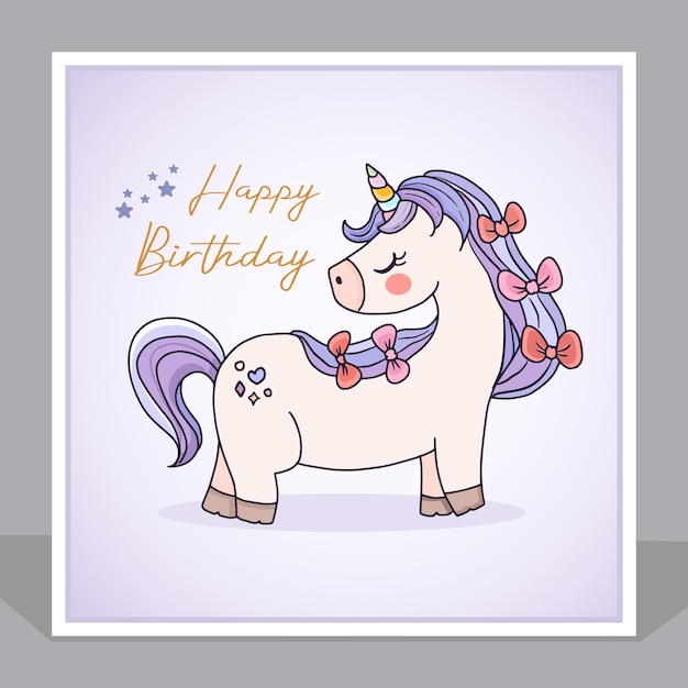 Carte D Invitation De Dessin Anime Mignon Joyeux Anniversaire Licorne Vecteur Premium