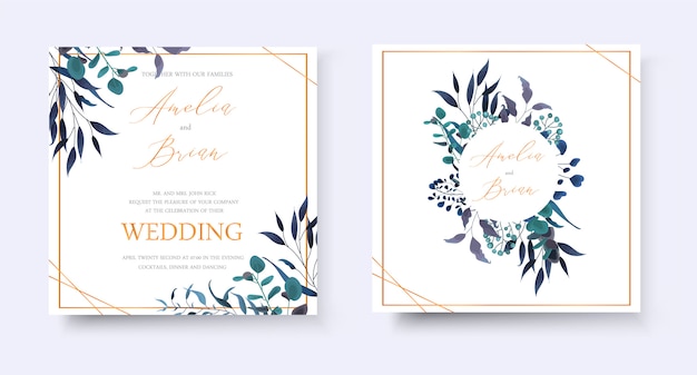 Carte d'invitation doré floral de mariage sauvez la conception de rsvp de date avec la guirlande et le cadre d'eucalyptus d'herbes de feuille tropicales. style aquarelle de modèle de vecteur de décoration élégante botanique Vecteur gratuit