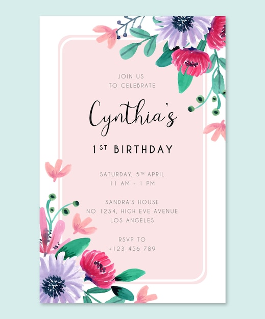 Carte D Invitation De Fete D Anniversaire Avec Des Fleurs Aquarelles Roses Et Violettes Vecteur Premium