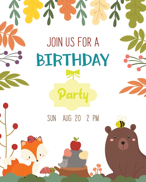 Carte D Invitation De Fete D Anniversaire Mignon Theme Automne Animal Vecteur Premium