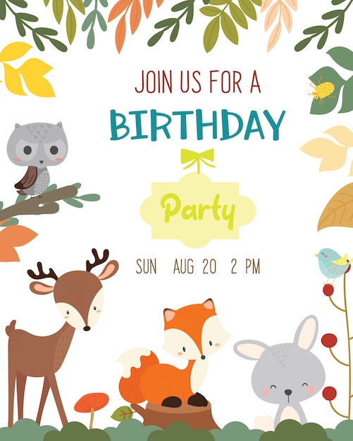 Carte D Invitation De Fete D Anniversaire Mignon Theme Automne Animal Vecteur Premium