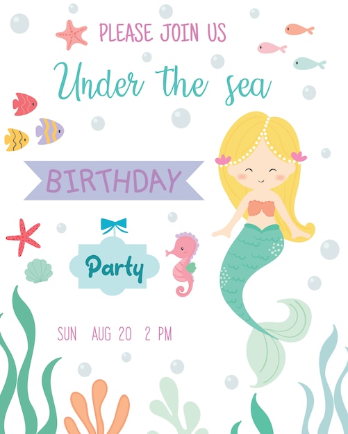 Carte D Invitation De Fete D Anniversaire Theme De Sirene Mignon Vecteur Premium