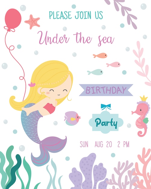 Carte D Invitation De Fete D Anniversaire Theme De Sirene Mignon Vecteur Premium