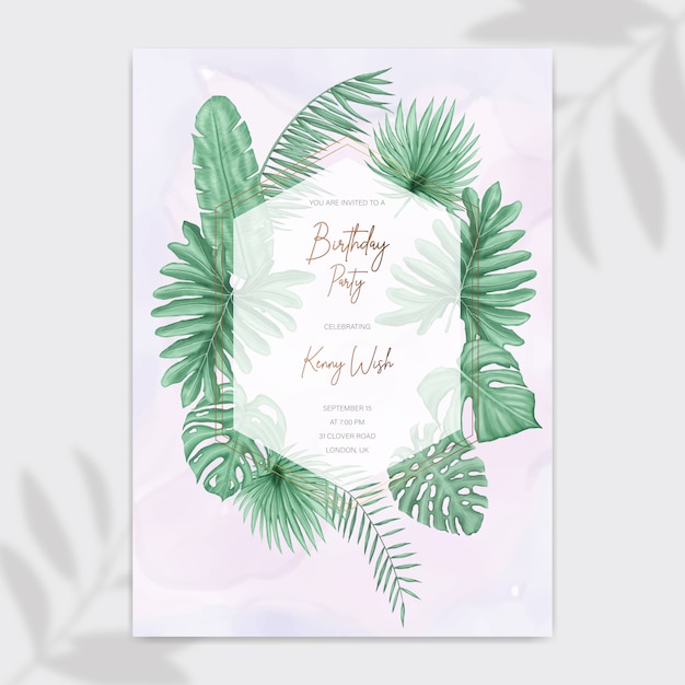 Carte D Invitation De Fete Joyeux Anniversaire Avec Cadre De Feuilles Tropicales Vecteur Premium