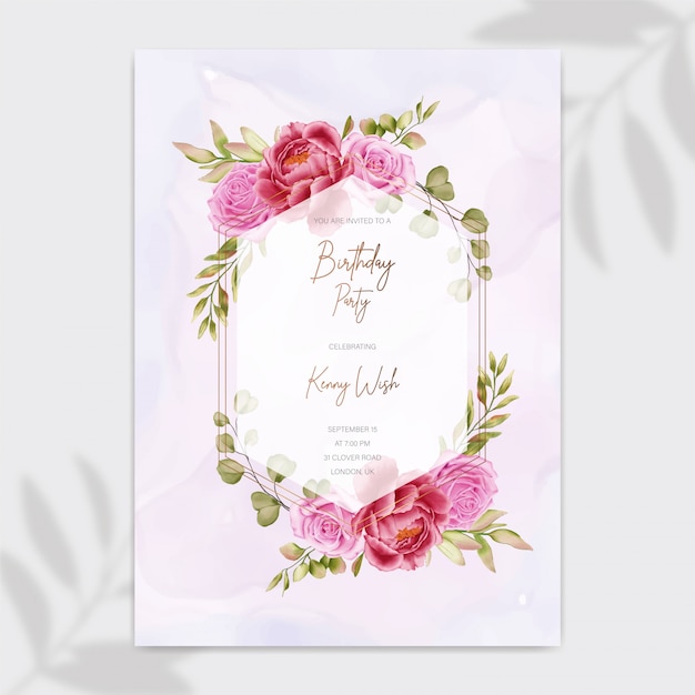 Carte D Invitation De Fete De Joyeux Anniversaire Avec Cadre De Fleur Et Feuille De Rose Vecteur Premium