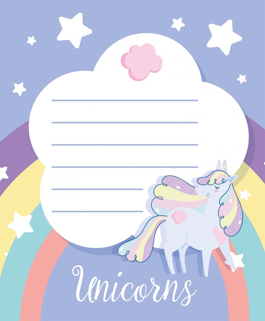 Carte D Invitation Joyeux Anniversaire Licorne Dessin Anime Arc En Ciel Etoiles Celebration Vecteur Premium