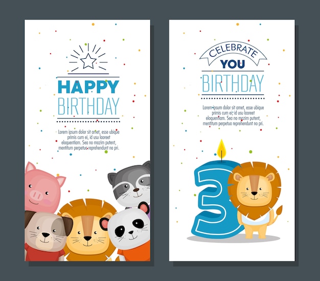 Carte De Joyeux Anniversaire Avec Des Animaux Marrants Vecteur Premium