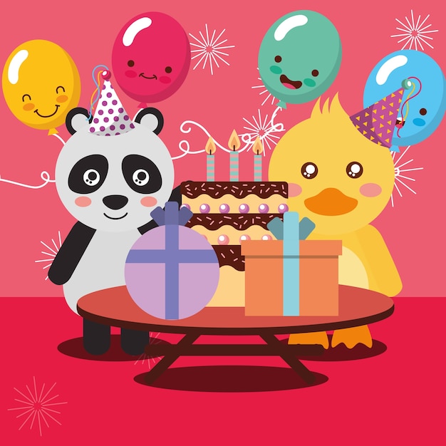 Carte De Joyeux Anniversaire Carte Mignon Panda Et Canard Animaux Vecteur Premium