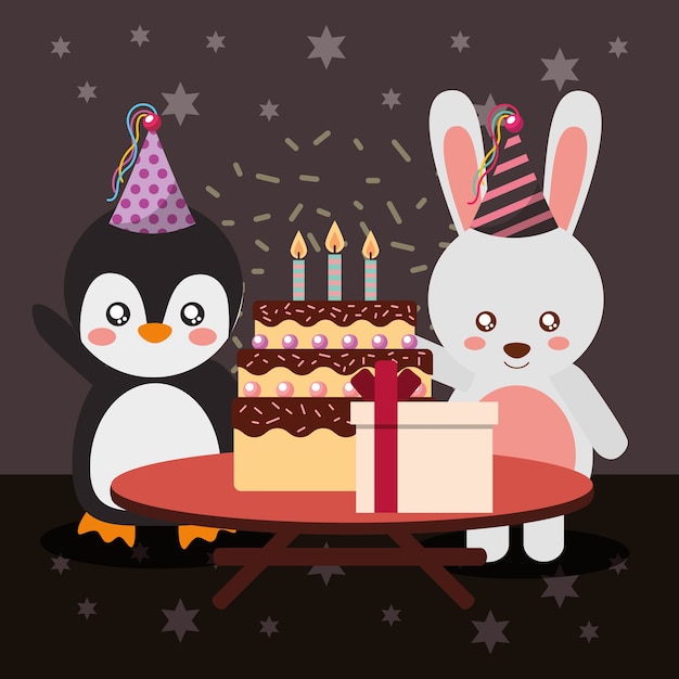 Carte De Joyeux Anniversaire Carte Mignon Pingouin Et Lapin Animaux Vecteur Premium