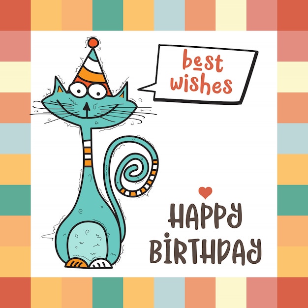 Carte De Joyeux Anniversaire Avec Chat Drole De Doodle Vecteur Premium