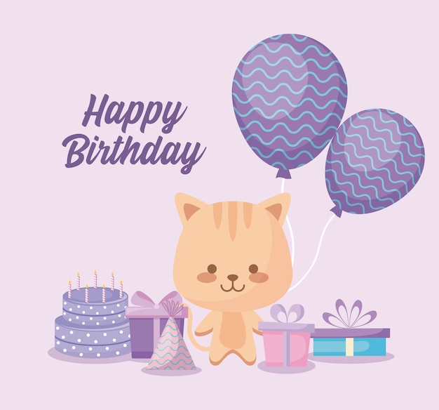 Carte De Joyeux Anniversaire Avec Chat Mignon Vecteur Premium