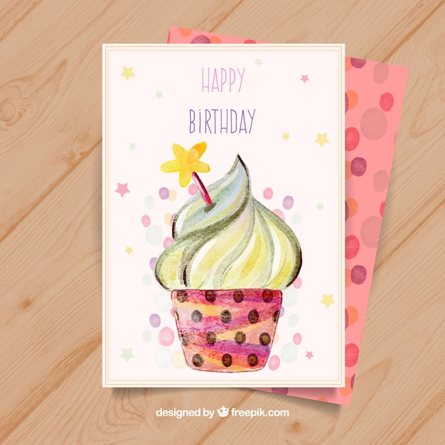 Carte De Joyeux Anniversaire Avec Cupcake Dans Un Style Aquarelle Vecteur Gratuite