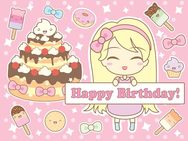 Carte De Joyeux Anniversaire Dans Le Style Kawaii Vecteur Premium